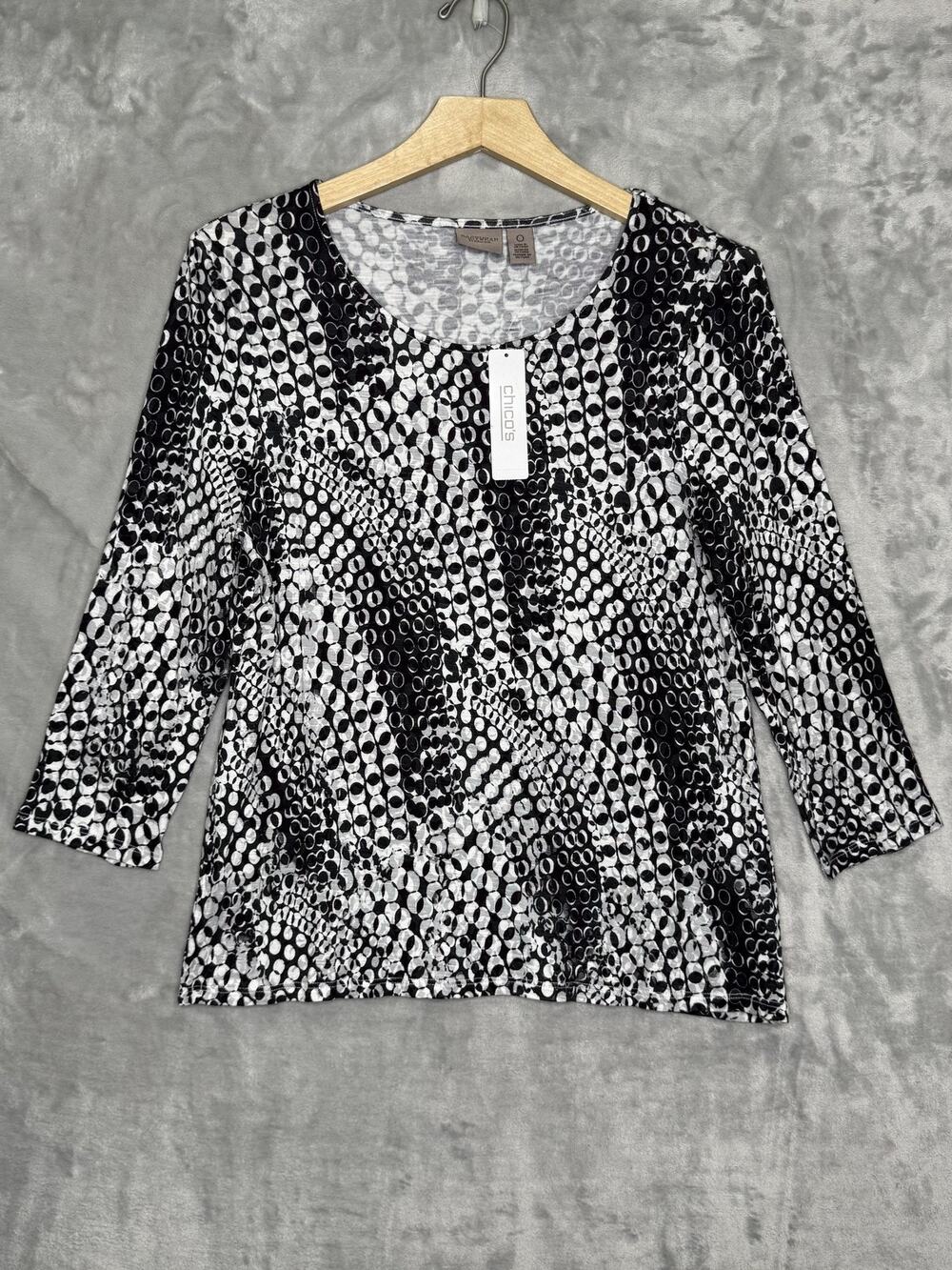 Chico's Shirt Womens S Purple Geometric Scoop Neck 3/4 Sleeve Easywear Stretch